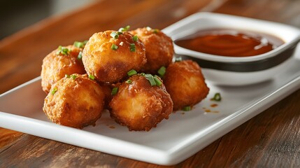Crispy golden fried balls garnished with chives and dipping sauce