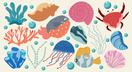 sea creatures marine elements including coral, fish, shells, and jellyfish