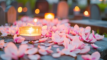 Flower cemetery graveyard farewell. Peaceful grave marker adorned with candles and pink flower petals.