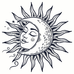 Vintage hand-drawn sun face tattoo design in engraving style, perfect for tattoos