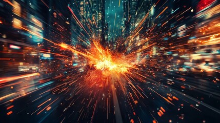 Dynamic Explosion with Colorful Light Trails in Urban Environment