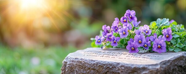 Flower cemetery graveyard farewell. A serene memorial stone surrounded by vibrant purple flowers in soft sunlight.