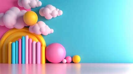 Colorful abstract scene featuring playful shapes and clouds against a vibrant blue background, showcasing creativity and imagination in design, playful decor concept