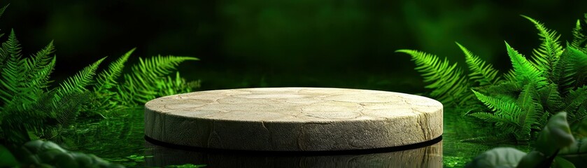 Natural Stone Product Display Podium in a Botanical Garden with Ferns and Lush Greenery Landscape