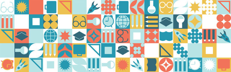 School seamless background for a stand made of geometric shapes, colored mosaic in a trendy style. Student and office worker template for wallpaper and web cover - globe, book. glasses, pencils.