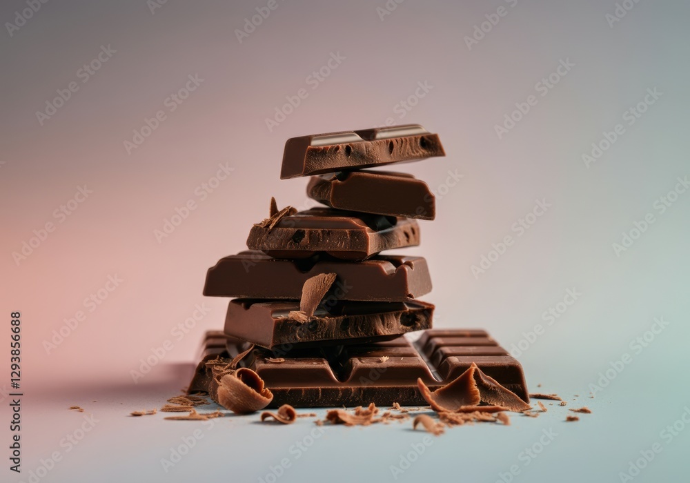 Poster stacked chocolate bars with shavings on a soft gradient background