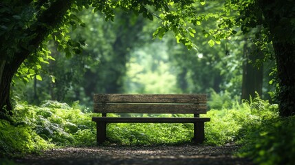 Fototapeta premium Serene Wooden Bench Surrounded by Lush Green Foliage in a Tranquil Forest Pathway Under Soft Natural Light