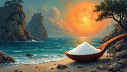 Large wooden spoon with granulated sugar on sandy beach against ocean backdrop. Culinary concept mixes natural ingredient, sea vacation mood. Sweetener heap on wood utensil near water, rocky