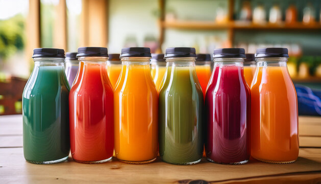Vibrant cold-pressed juice bottles arranged in a colorful display on a clean background  
