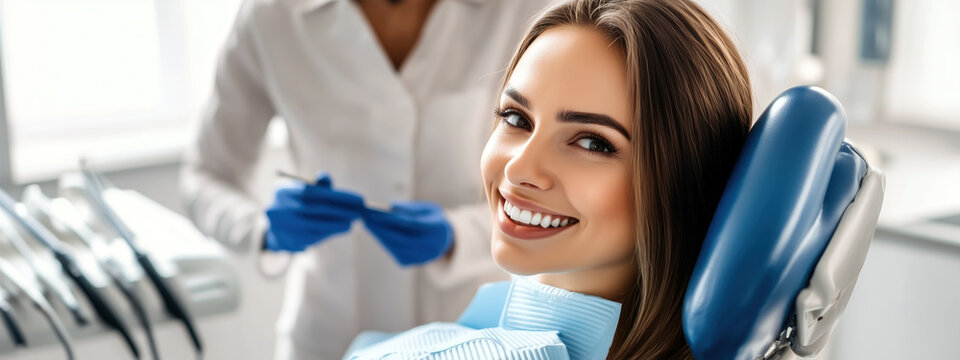 Une femme souriante, assise sur un fauteuil dans un cabinet de soins dentaires, dentiste en arri&egrave;re-plan.