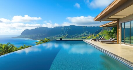 Une maison d'habitation de luxe avec une piscine à débordement, vue sur les montagnes et l'océan.