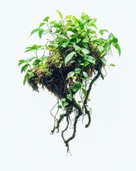 Lush Epiphyte Island Suspended in Air Thriving Ecosystem of Mosses and Vines Against a Bright White Backdrop
