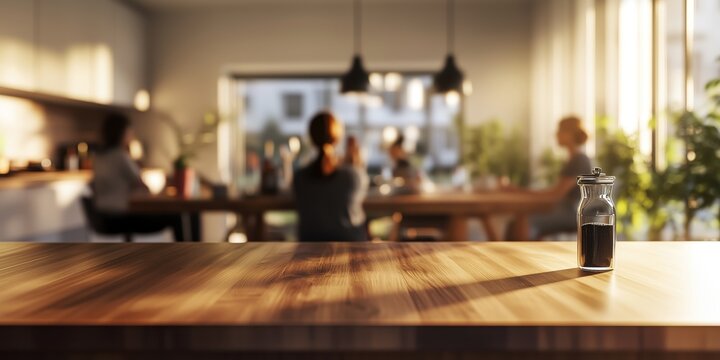 Intérieur de cuisine moderne avec une table en bois vide pour l'exposition de produits alimentaires au premier plan et un arrière-plan flou avec des personnes mangeant dans la salle à manger.