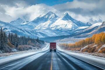 Majestic snow capped mountains view with a red truck on a long winter road through a scenic landscape under a cloudy sky