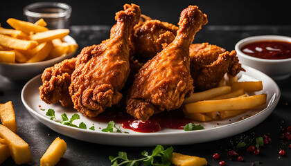 Crispy Fried Chicken with French Fries and Sauce