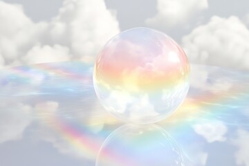 Ethereal Rainbow Reflection: A delicate, shimmering white rainbow arc gracefully reflected on a transparent surface, creating a magical, surreal, and dreamy visual effect. Perfect for backgrounds,    