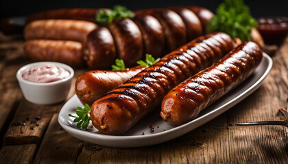 Grilled Sausages with Parsley on Wooden Table