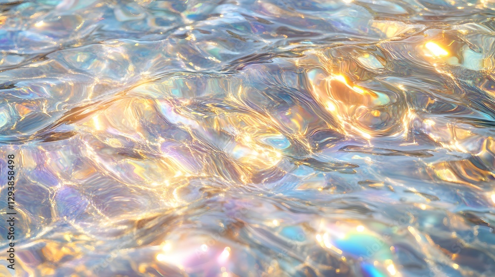 Poster a dynamic holographic abstract texture with soft waves and reflective light, forming a mesmerizing f
