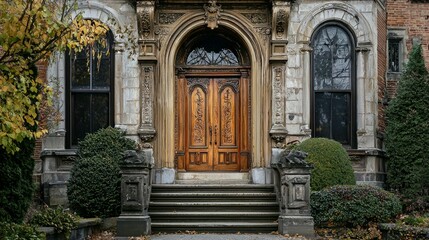 Elegant vintage entrance with ornate wooden doors in autumn foliage