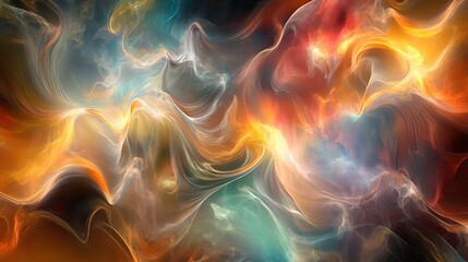 Fototapeta premium A dynamic holographic abstract texture with soft waves and reflective light, forming a mesmerizing fluid pattern with a metallic sheen in pastel tones 