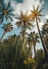 Obraz premium Lush palm trees reaching towards a bright blue sky with fluffy clouds