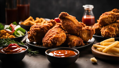 Crispy Fried Chicken and French Fries with Dipping Sauce