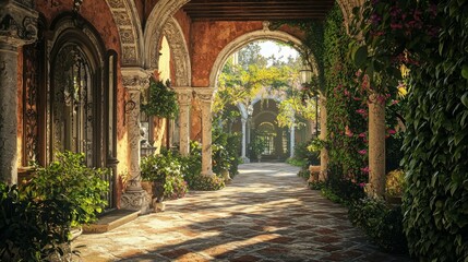 Serene Garden Pathway with Vibrant Plants and Archway Elements