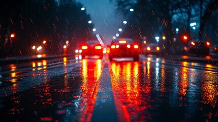Cars Driving on Rainy Road at Night with Reflective Puddles and City Lights Creating a Serene Atmosphere