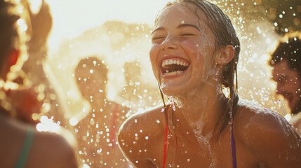 A sun-kissed moment of joyous laughter captured while friends play with water on a bright day