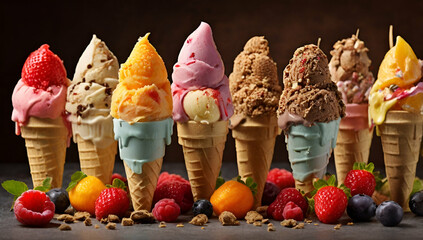Ice Cream Cones A variety of ice cream cones with different flavors
