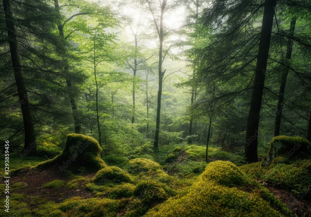 Poster lush green forest with moss-covered rocks and soft sunlight filtering through trees