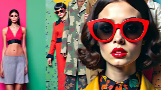 Fashion collage animation. Fashionable women in vibrant sunglasses and bold attire against artistic backdrop