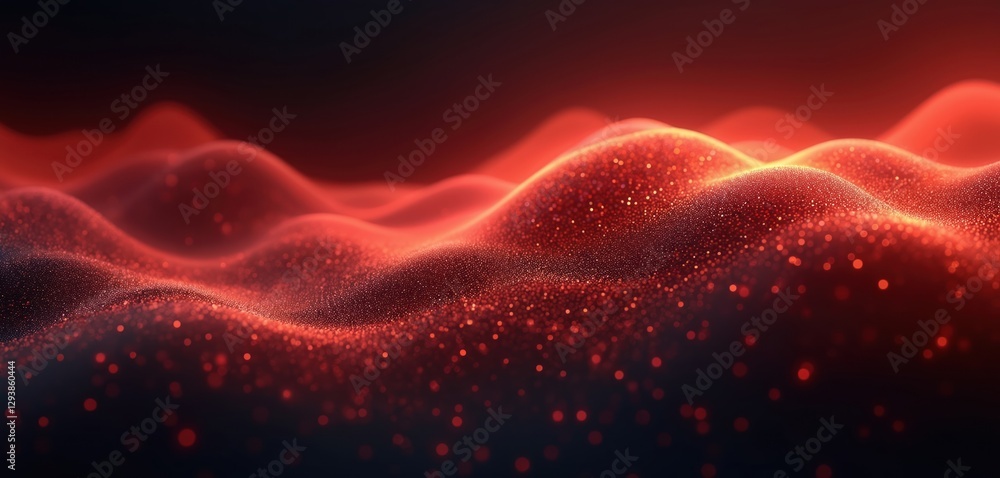 Poster abstract dark red background with flowing wave line, blurred particles. futuristic wallpaper for sci