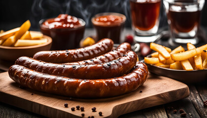 Delicious Grilled Sausages with French Fries and Ketchup