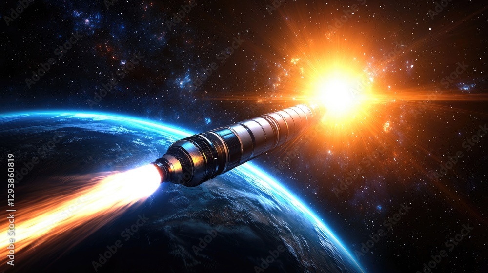 Poster rocket launch into space earth view digital artwork cosmic environment dynamic perspective sci-fi co