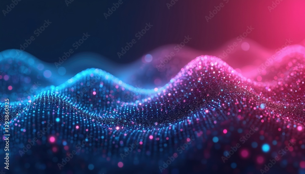 Poster tech dots form wavy surface in blue and pink colors. abstract background with digital dot flow effec