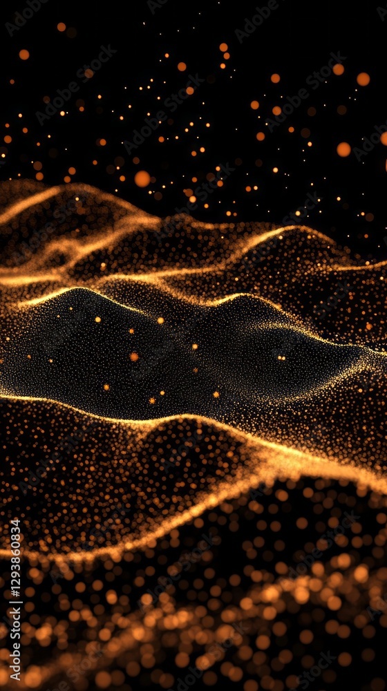 Poster A mesmerizing dance of shimmering golden particles creates the illusion of waves, flowing gracefully in a dark, undefined space. The visual spectacle captivates and enchants