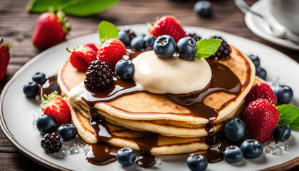 Delicious Pancakes with Chocolate Sauce and Fresh Berries