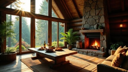 Fototapeta premium Rustic Cabin Retreat Sunlit Living Room with Stone Fireplace and Wooden Table Setting for a Cozy Evening