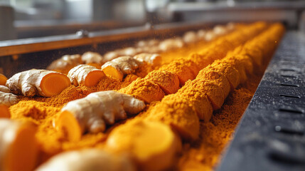 Turmeric and ginger powder processing plant, industrial steam cleaning of raw roots before automated slicing and dehydration