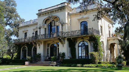 Obraz premium Elegant Historic Mansion Surrounded by Greenery and Blue Sky