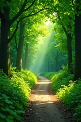 Obraz premium Sunlit Path Through Verdant Forest Canopy A Serene Nature Scene