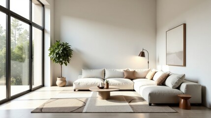 Fototapeta premium Modern minimalist living room design with sectional sofa and large window showcasing natural sunlight and tranquil outdoor view