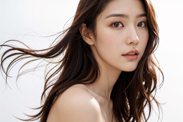 Headshot of a woman with her hair fluffy in the wind, AI-generated