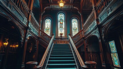Elegant Wooden Staircase with Stained Glass Windows and Warm Light