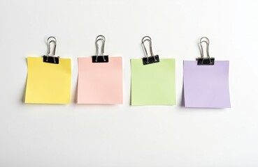Four colorful sticky notes attached with binder clips on white background. Pastel colors sticker set for business notes, reminders memo. Blank paper sheet template with space for notes, plans, to-do