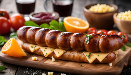 Grilled Sausage with Cheese and Herbs on a Wooden Board
