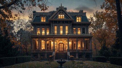Fototapeta premium Majestic Historic Mansion Surrounded by Autumn Foliage at Dusk