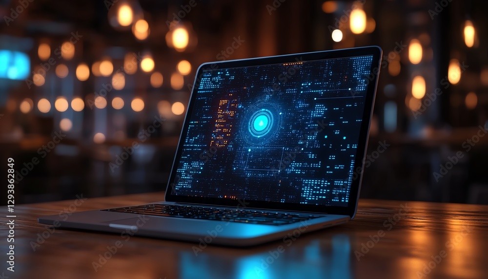 Poster 3d rendering of a laptop on a wooden table, blurred background, open screen with smart artificial in
