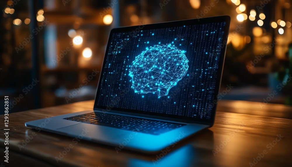 Aufkleber 3d rendering of a laptop on a wooden table, blurred background, open screen with smart artificial in